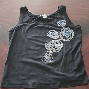 Women's Black Tank Top with Blue Sequin Floral Accent